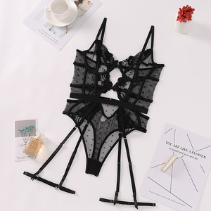 Body de encaje sexy transparente con aberturas y liguero, lencería erótica para mujer con arnés de pierna, ropa interior de San Valentín al por mayor - Product Image 6