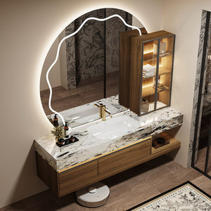 Meuble de salle de bain mural intelligent avec vasque en céramique sans joint, style hôtel, en marbre de luxe et pierre, et armoire à miroir. - Product Image 3