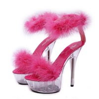 Salto alto transparente feminino, sandálias femininas de salto com pelúcia de 15cm, plataforma, sapatos de salto para mulheres, oem