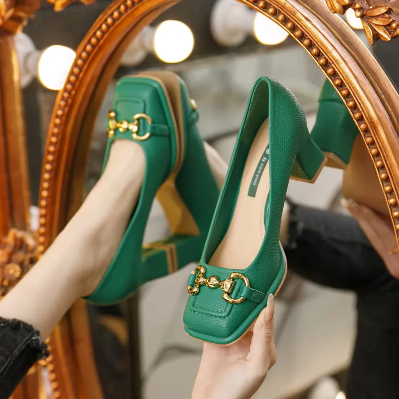 Pumps Heel Shoes Womens Short Buckle new design square heel horsebit sandal square toe open block green high heels