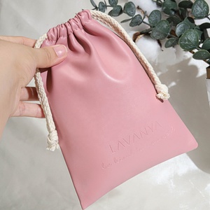 Sac à cordon en cuir PU rose personnalisé avec impression en relief pour emballage de batterie externe et téléphone portable, pochette anti-poussière en cuir imperméable - Product Image 2
