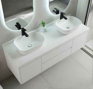 Meuble-lavabo double <span class=keywords><strong>de</strong></span> <span class=keywords><strong>salle</strong></span> <span class=keywords><strong>de</strong></span> <span class=keywords><strong>bain</strong></span> moderne <span class=keywords><strong>de</strong></span> luxe résistant à l'eau avec <span class=keywords><strong>miroir</strong></span> LED et vasque en céramique pour hôtels - Product Image 4