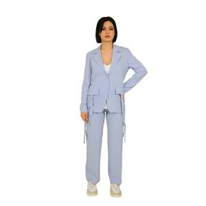 Women's Pants Sky Blue High Waist Cargo Wide Leg <b>Trousers</b> With Side Pockets And <b>Drawstrings</b> For Casual Wear - Product Image 5
