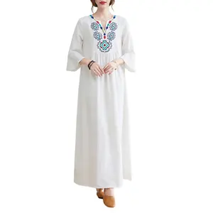 Printing Maxi Vestidos Casual Linen Dress Short Sleeve V Neck Ethnic Boho Style Embroidery 2022 Summer For Women Natural Woven