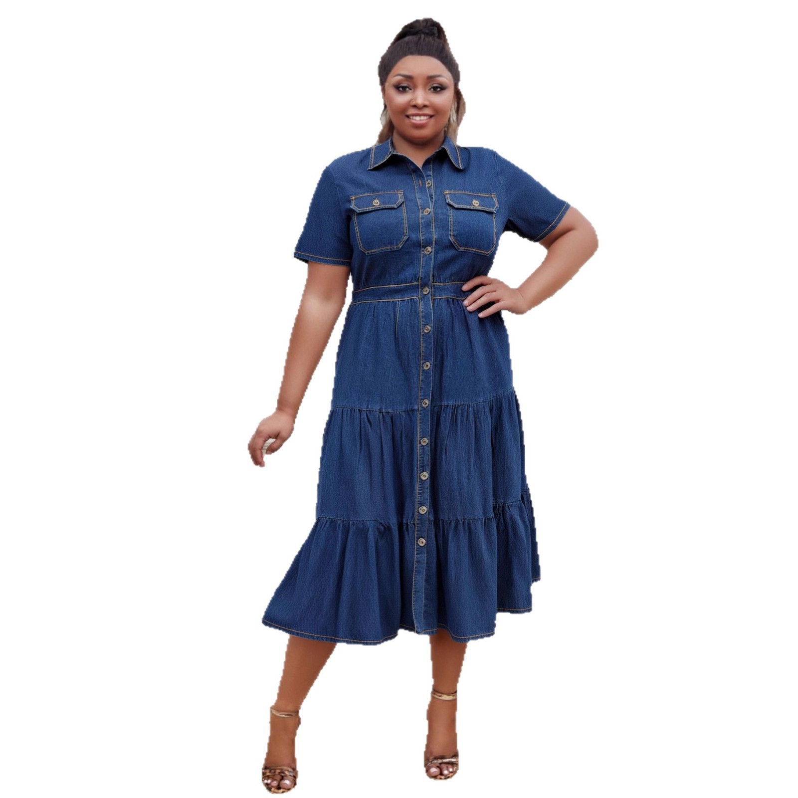 white christmas dresses Light Blue Ruffled 3/4 Sleeve Buttoned Front Plus Size Denim Dress – The  Rusted Nail Boutique main image 1