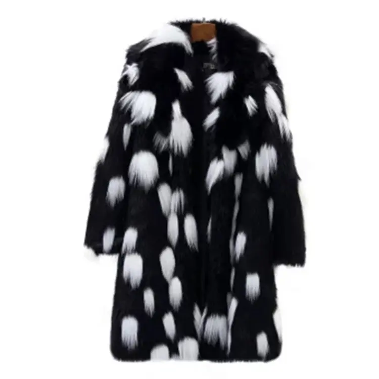 Winter Women Plus Size Fox Fur Long Coat Black and white jacquard Faux Fur Coat