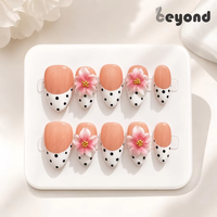 Kuku Palsu Handmade Grosir PMMA Pink 3D Floral Black Polka Dot French Tip Full Cover 10 Pcs