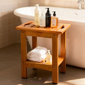 Tabouret de douche en bois de teck massif 35x25,5x37,5 cm avec étagère de rangement pour serviettes et articles de bain - Product Image 5