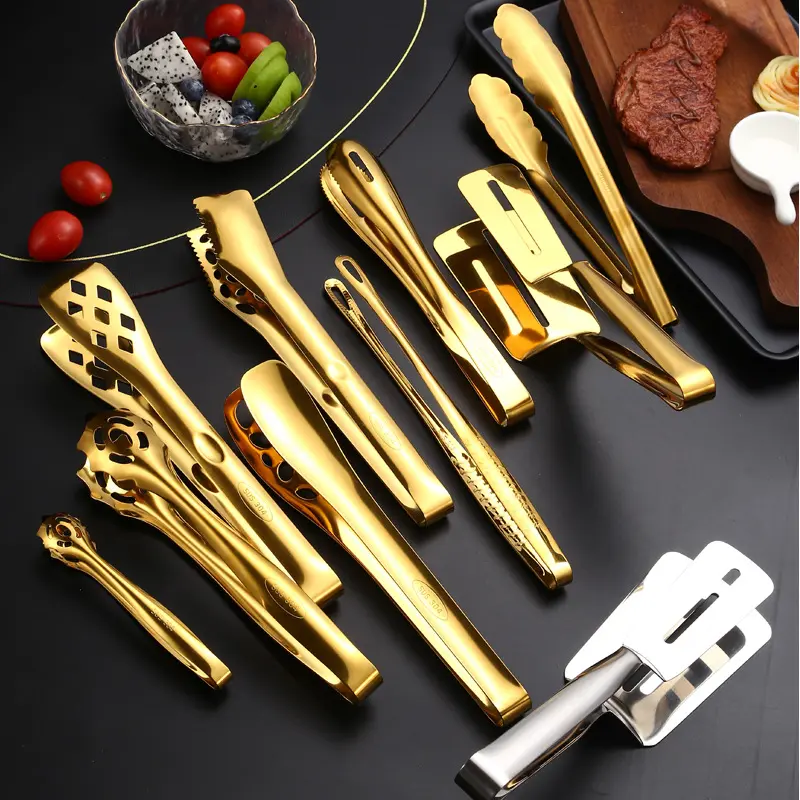 Silver Gold color Kitchen Tongs Utensils Barbecue Food Clips 304 Stainless Steel Barbecue Tongs