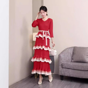Robe de soirée plissée longue à <span class=keywords><strong>col</strong></span> <span class=keywords><strong>marin</strong></span> pour femme, style Miyake, luxueuse, à manches longues, avec volants, inspirée de la mode coréenne - Product Image 4