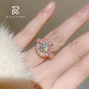 Rochime Luxury Pink Diamond Candy Flower Zircon Rings 925 Silver 2.5ct Fashion Jewelry Ring For Women