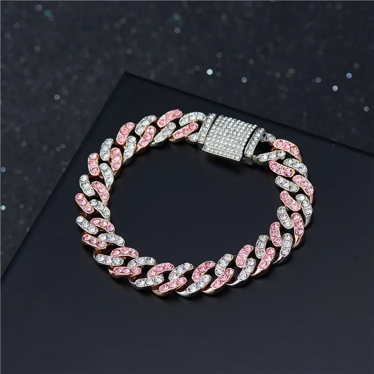 Pulseira de ligação cubana, venda no atacado de liga branca rosa diamante gelado 10mm duas toneladas