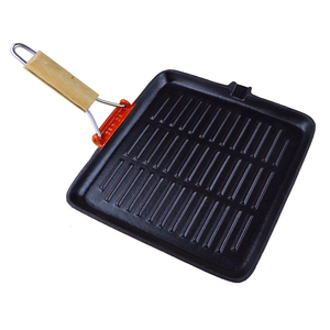 Sartén de hierro fundido cuadrada portátil para camping, compatible con cocinas de inducción, precurada, con ranuras, para asar, con base de madera extraíble - Product Image 6