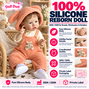 Poupée Duo personnalisée de 18 pouces, poupée reborn en silicone pleine longueur, salopette pêche-orange, chapeau de soleil à oreilles d'animaux, cadeau de Noël - Product Image 1