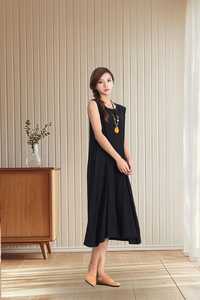Robe longue d'été en lin et coton pour femme, manches courtes, col en V, taille naturelle, coupe trapèze, tunique ample écologique, caftan, vente en gros B2B - Product Image 3