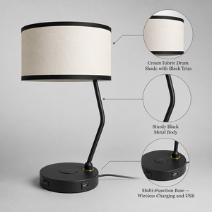 Lampe de chevet moderne avec chargeur sans fil, port USB, abat-jour en tissu, lampe de bureau pour chambre à coucher, hôtel, salon - Product Image 2