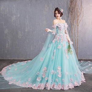 Robe de mariée florale à épaules dénudées, longueur au sol, en tulle, avec dos lacé, robe de mariée élégante pour cérémonie - Product Image 5