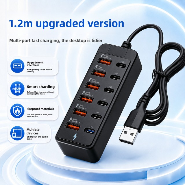 12Port Desktop USB Fast Charging Station Multi Hub QC 3.0 PD 6 USB-A 6 USB-C Smart Distribution Fireproof 1.2m Cable Office Home