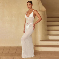 Robes moulante pour femmes tendance estivale, sexy, unie, sans manches, col en V, taille naturelle, tricot crocheté avec découpes, robes de plage