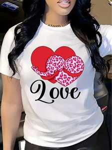 T-shirt da donna rosa con stampa leopardata a cuore, manica corta, girocollo, casual, con fiocco, regalo per San Valentino - Product Image 2