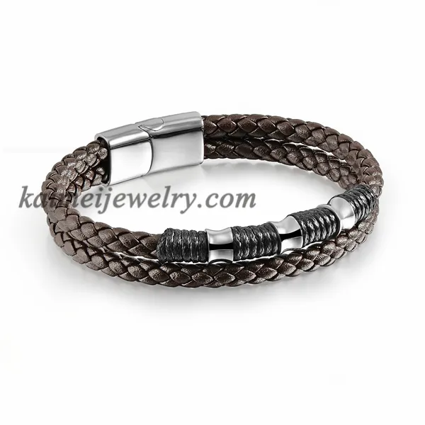 Wholesale Fashion Custom Stainless Steel Hook Double Layer Brown Leather Bracelet For Men Making