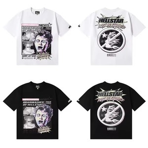 เสื้อยืดผู้ชายสไตล์ยุโรปอเมริกันแนวสตรีท ลาย Hell Star ลุคเรโทร ซักฟอกทำสีซีด แบรนด์แฟชั่นชั้นนำ แขนสั้น ผ้าฝ้าย - Product Image 1