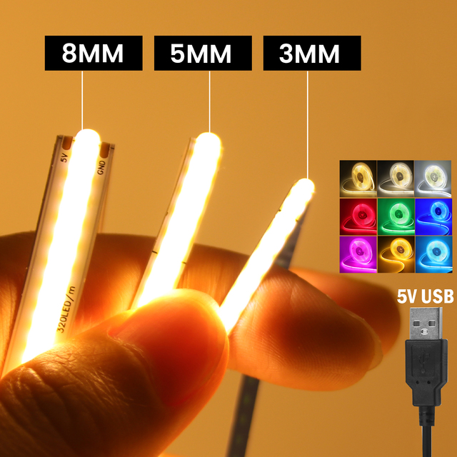 5V USB COB Led Strip Light 320 Leds/M White/Red/Green/Blue/Ice Blue/Pink PCB 3MM 5MM 8MM Flexible Ribbon Night Lamp TV Backlight