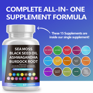 Fábrica Personalizar Atacado Sea Moss Black Seed Oil Ashwagandha Bardana <span class=keywords><strong>Root</strong></span> Cápsulas Suplemento para Suporte Bem-Estar Geral - Product Image 3