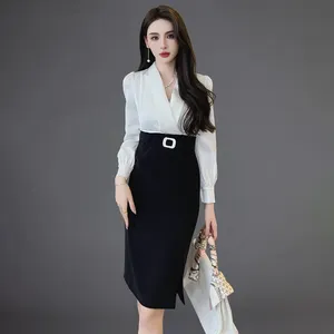 ZYHT 30017 Women Business Ladies Dress Long 2023 Wholesale Elegant Office Dress Korean Ladies Casual Career Dresses