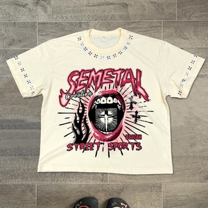 Camisetas de Moda Urbana para Hombre, Tallas Grandes, con Estampado de Diamantes de Imitación, Camisetas Cortas de Algodón de 240 g/m², Camiseta Holgada de Corte Cuadrado, Fabricante - Product Image 1