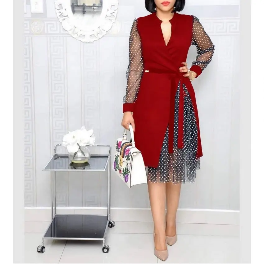 New Arrival ladies Polka Dot Long Sleeve office work dress plus Size women's casual Mesh career Dresses