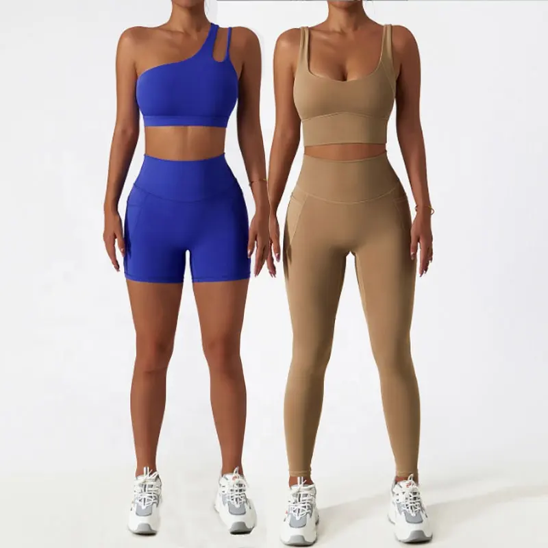 RTS Custom Logo Outfits Yoga Suit Women Workout Bra Bike Shorts Leggings 2/3/4 pcs Sets Girls Active Gym Yoga Wear