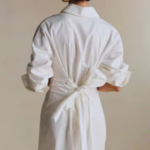 Women's Elegant White Cotton Blend Structured Waist Tie Detail Long Sleeve Button-Down Shirt Dress Midi O - Product Image 5