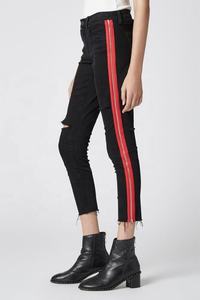 Fashion high waisted with dark wash jeans woman with Red's zipper exposed by the Side fashion needlework - Product Image 3