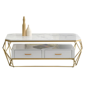 Mesa de Centro de Vidrio Extensible Giratoria de Lujo Moderna para Sala de Estar, Redonda, de Mármol, Dorada y Blanca - Product Image 5