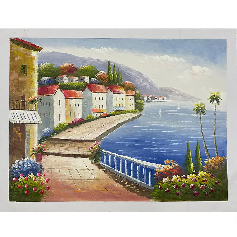 High quality handmade oil painting mediterranean village sea landscape heavy texture oil painting on canvas art