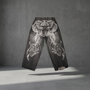 Pantalon en jean taille haute à jambe large, effet usé, avec imprimé ailes au dos, style streetwear, ourlet déchiré, en coton, pour l'automne - Product Image 3