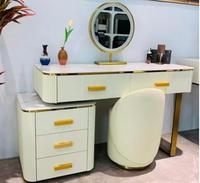 Ensemble coiffeuse avec armoire latérale, plateau en pierre frittée blanche, miroir LED, bois massif pour chambre à coucher et décoration intérieure