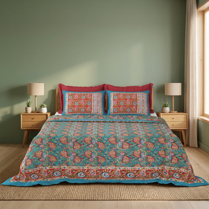 Juego de Sábanas de Algodón con Estampado Floral Blanco Hecho en India, con 2 Fundas de Almohada, Ropa de Cama de Lino Hecha a Mano en Jaipur - Product Image 2