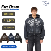 TaiDe Özel Logo 480GSM Vintage Yıkama Kırpılmış Fermuarlı Kapüşonlu Üst Aplike Yama Kontrast Dikişli Bol Kesim OEM ODM Özel Etiket Toptan Satış
