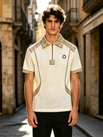 T-shirt Homme Décontracté en Maille Tricotée Respirante, Col Demi-Zip, Motif Floral Vintage, Col en V, Design Uni pour le Golf, 180g