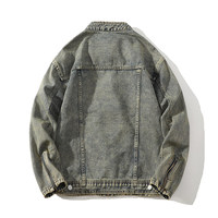Veste en jean pour homme personnalisée, coupe slim, délavée style vintage, respirante, multi-poches, avec poignets, effet usé, style motard décontracté