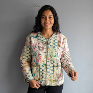 Quilted <b>Patchwork</b> <b>Jacket</b> Women's V Neck Full Sleeve Cotton Floral Print Hand Embroidered Regular Length Autumn Style gift - Product Image 1