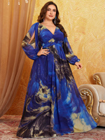 Robe de soirée modeste en mousseline de soie à imprimé floral aquarelle bleu taille plus, col en V, manches fendues, taille froncée pour femmes