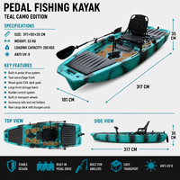 Kayak de pêche monoplace léger et durable de 10,5 pieds, à pédales, en HDPE, certifié CE, pour la navigation - Vente en gros