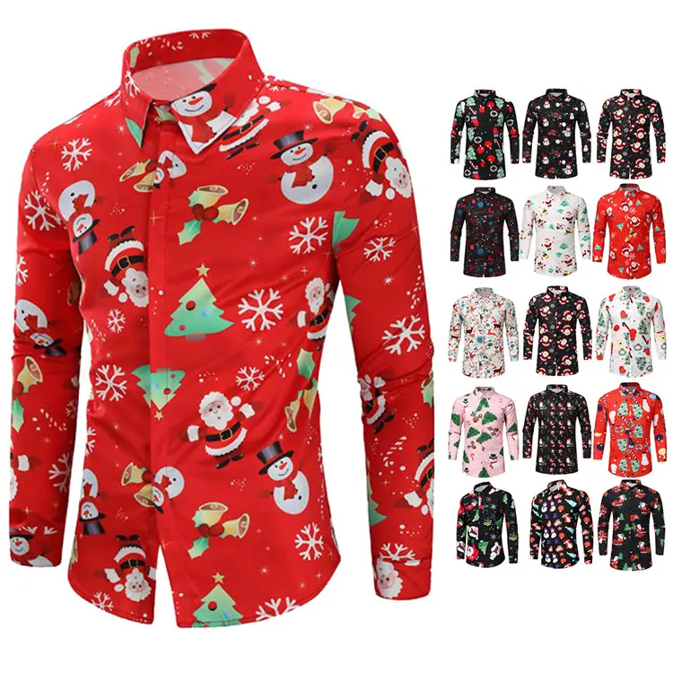Fashion Tops Male Men Casual Snowflakes Santa Candy Printed Christmas Shirt Men's Clothing Chemise Homme Shirt