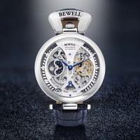 Herren Luxus Automatische Mechanische Uhr Skelett Dual-Zeit Mondphase Wasserdicht Echtes Leder Business Dress Armbanduhr