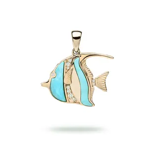 Tropics CZ Sealife Angelfish Turquoise Enamel with White zircon in 14k Yellow Gold Plated 925 Sterling Silver Pendant for Women