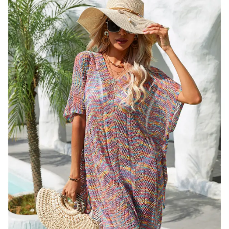 F-1405 new 2023 summer loose holiday clothes sexy models bikini dress knit hand smocked dresses women casual beach clothes