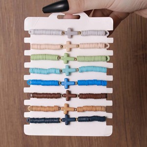 Cross Bracelet <b>Set</b> 8 Pieces Solid Color Polymer <b>Clay</b> Elastic Bohemian Style Women's Jewelry Gift - Product Image 3